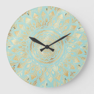 Grande Horloge Ronde Elegant Gold Light Teal Mandala Floral