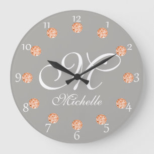 Grande Horloge Ronde Elegant Gray & Amber Faux Gems Monogram Clock