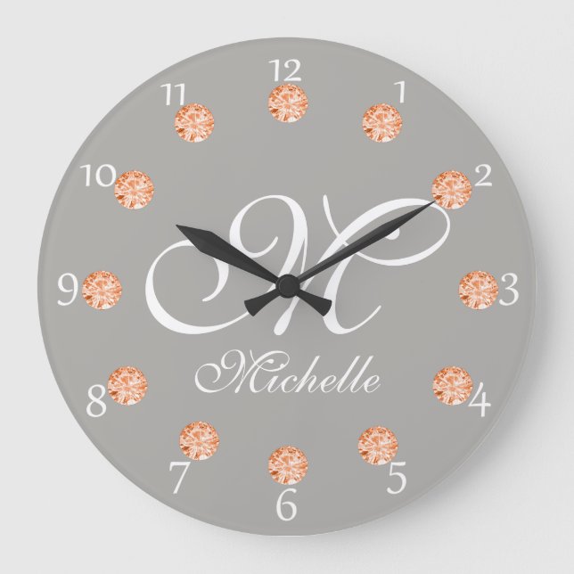 Grande Horloge Ronde Elegant Gray & Amber Faux Gems Monogram Clock (Recto)