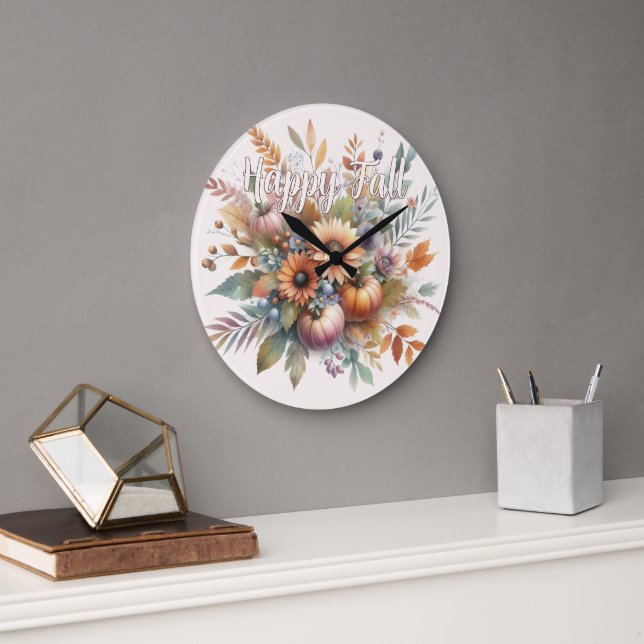 Grande Horloge Ronde Élégant Happy Fall Citrouille Flower Bouquet Motif (Bureau)