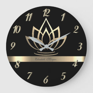 Grande Horloge Ronde Élégant Lotus Doré, Yoga Noir