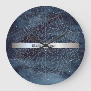 Grande Horloge Ronde Élégant mandala moderne argenté rayure bleu marine