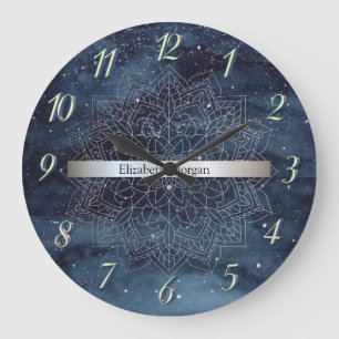 Grande Horloge Ronde Élégant Mandala rayé argent et bleu marine
