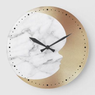 Grande Horloge Ronde Elégant Marbre blanc gris Gold Crescent Lune