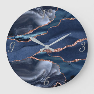 Grande Horloge Ronde Elégant Marine Gold Agate Numéros d'argent Abstr