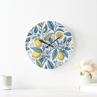 Grande Horloge Ronde Elegant Mediterranean Lemon Botanical Navy