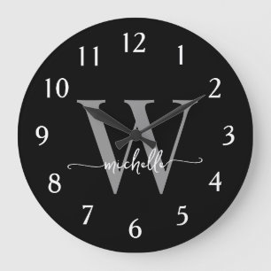 Grande Horloge Ronde Élégant moderne noir gris monogramme Nom Script