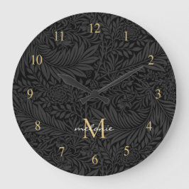 Grande Horloge Ronde Élégant Monogramme Floral Or Noir