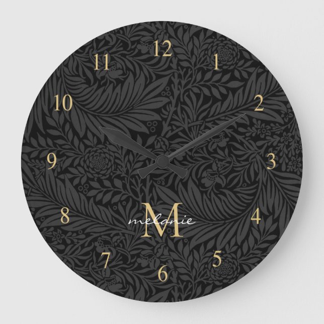 Grande Horloge Ronde Élégant Monogramme Floral Or Noir (Recto)
