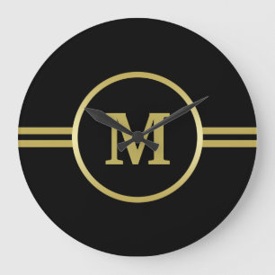 Grande Horloge Ronde Élégant Monogramme or sur noir