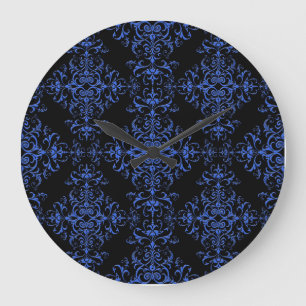 Grande Horloge Ronde Élégant motif de style damassé floral bleu et noir