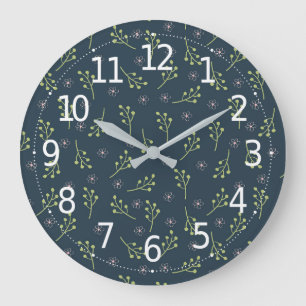 Grande Horloge Ronde Élégant Motif vert Feuille rose floral 