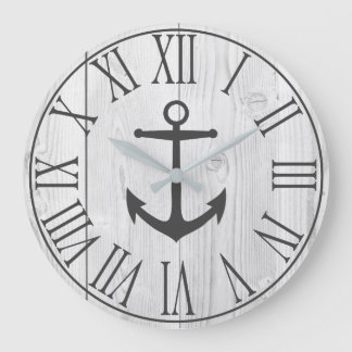 Grande Horloge Ronde Elégant Nautique Faux Blanc Bois & Gris Ancre