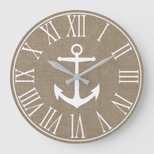 Grande Horloge Ronde Elégant Nautique Faux Burlap & Ancre blanche
