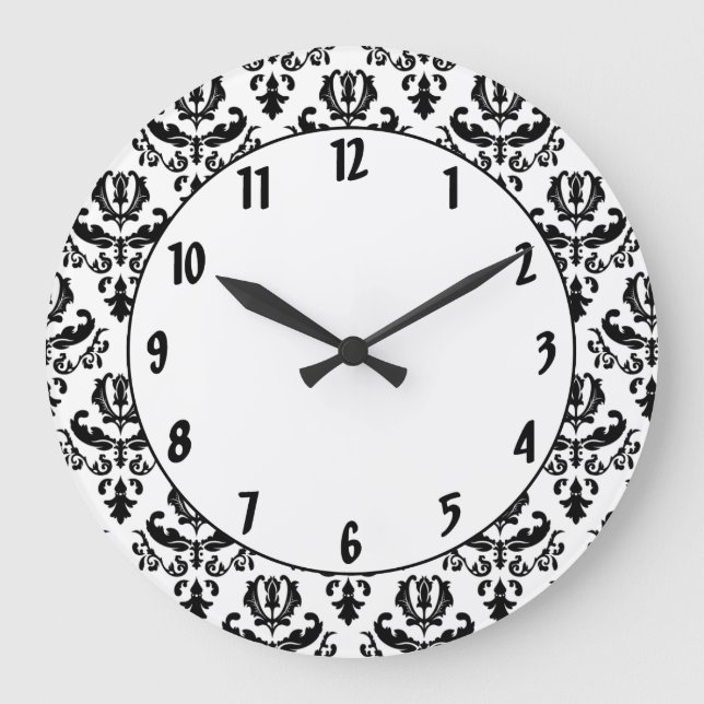 Grande Horloge Ronde Élégant noir sur blanc Damas (Recto)