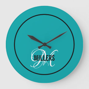 Grande Horloge Ronde Élégant nom de famille turquoise monogramme noir