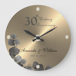 Grande Horloge Ronde Elégant or brossé métal Feuilles Eucalyptus