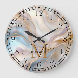 Grande Horloge Ronde Élégant Or et Nacre Monogramme Nom Personnalisé