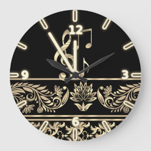 Grande Horloge Ronde Élégant or floral, Clé de violon, Note