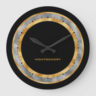 Grande Horloge Ronde Élégant Or Noir Argent Feuille Personnalisé