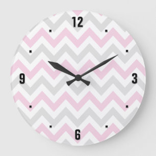 Grande Horloge Ronde Elegant Pink, Grey et White Chevron Pattern
