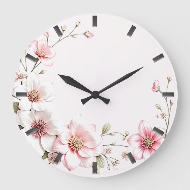 Grande Horloge Ronde Elegant Pink White Floral Wall Clock (Recto)