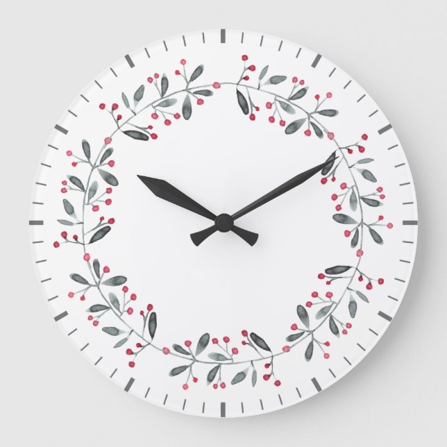 Grande Horloge Ronde Élégant rouge & vert Holly Wreath Noël (Recto)