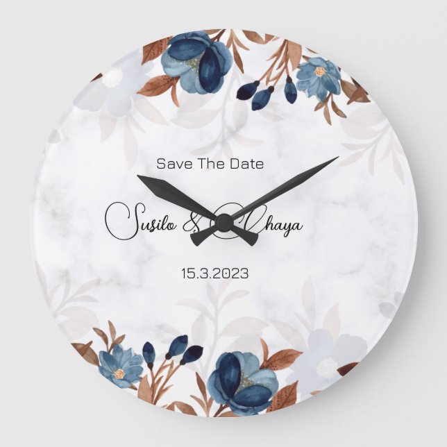Grande Horloge Ronde élégant Royal Blue Rustic savethedate moderne. (Recto)