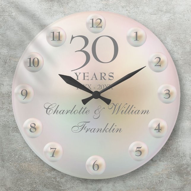 Grande Horloge Ronde Élégant Script Pearl 30e anniversaire de Mariage (Elegant Script Pearl 30th Wedding Anniversary Large Clock)