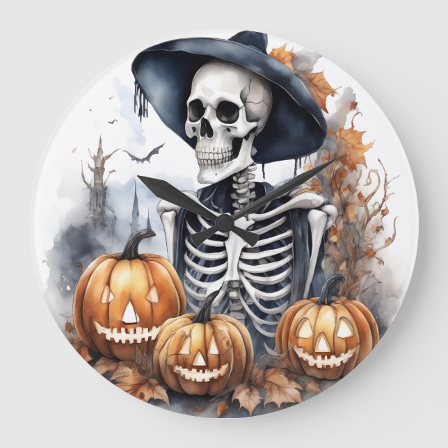 Grande Horloge Ronde Elégant Squelette Halloween Aquarelle (Recto)