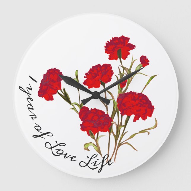 Grande Horloge Ronde Elégant Vintage Floral Carnation rouge sur mesure (Recto)