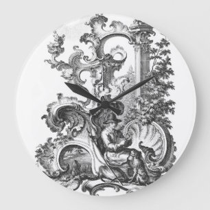 Grande Horloge Ronde Elegant Vintage French Black and White Toile