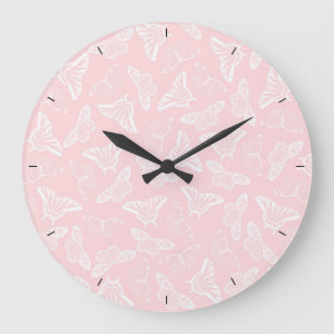 Grande Horloge Ronde Elegant White Butterflies Rose Design