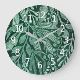 Grande Horloge Ronde Elégante aquarelle Botanique Vert Feuille