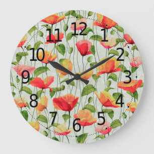 Grande Horloge Ronde Elégante aquarelle rouge rose et jaune 