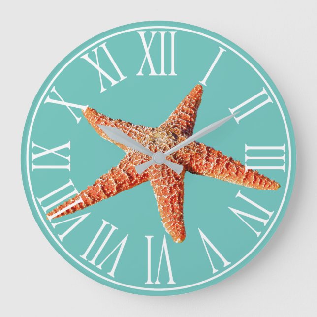 Grande Horloge Ronde Elégante mer Côtière Vert & Orange Estarfish (Recto)