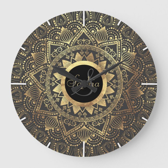 Grande Horloge Ronde Elégante oeuvre de mandala en or (Recto)