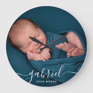 Grande Horloge Ronde Élégante photo Nom du bébé Modèle Nursery