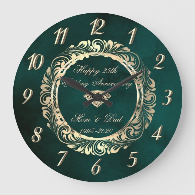 Grande Horloge Ronde Élégantes Volutes Vertes 25e Anniversaire de Maria (Recto)
