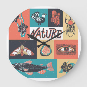 Grande Horloge Ronde Éléments de la nature, Icônes de style rétro.