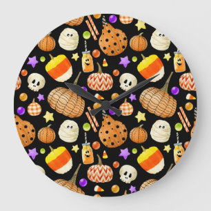 Grande Horloge Ronde Éléments d'Halloween : citrouilles, crâne, motif m