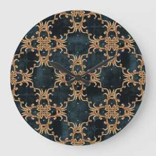 Grande Horloge Ronde Eléments dorés baroques, turquoise foncé sans soud