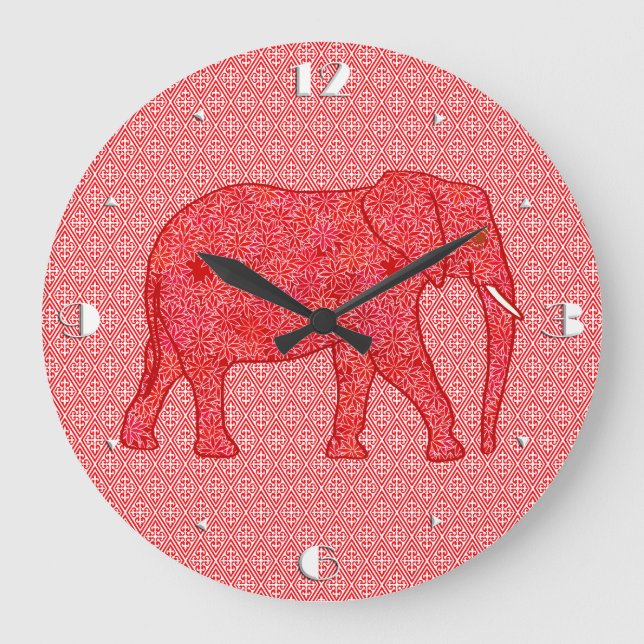Grande Horloge Ronde Éléphant de fleurs - rouge profond et corail (Recto)