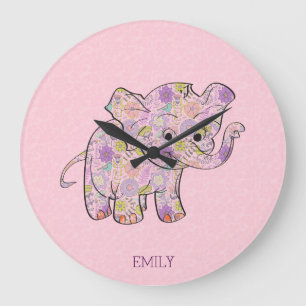 Grande Horloge Ronde Eléphant Floral Bébé Sur Damas Rose