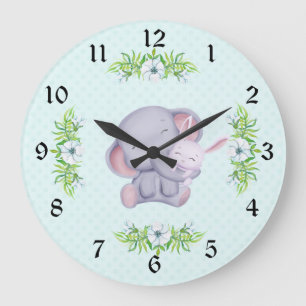 Grande Horloge Ronde Eléphant Gris Cute Et Lapin Blanc