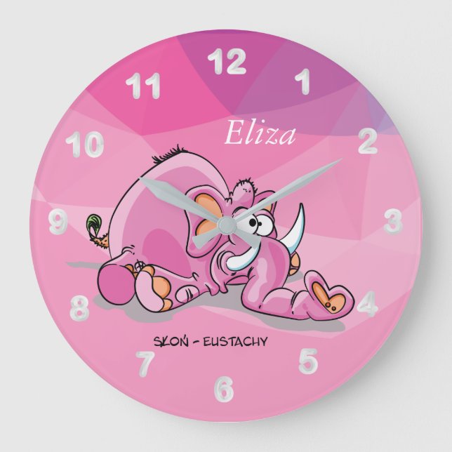Grande Horloge Ronde Eléphant rose caricature mignon (Recto)