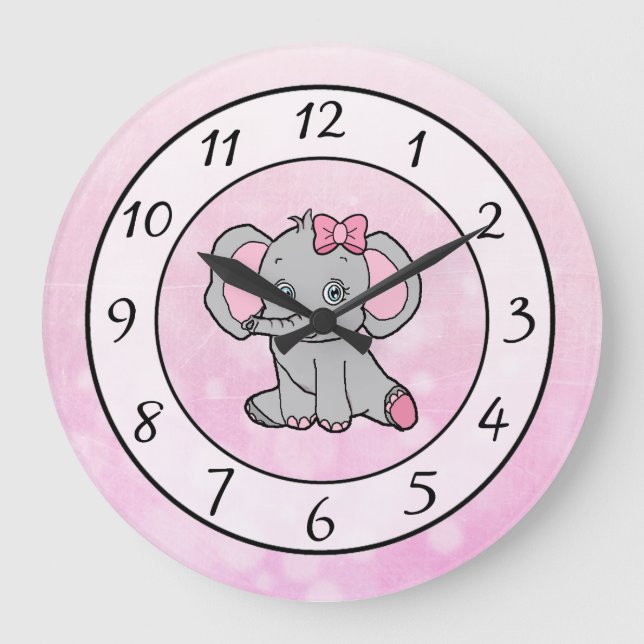 Grande Horloge Ronde Eléphant rose mignon enfant ou bébé pépinière (Recto)