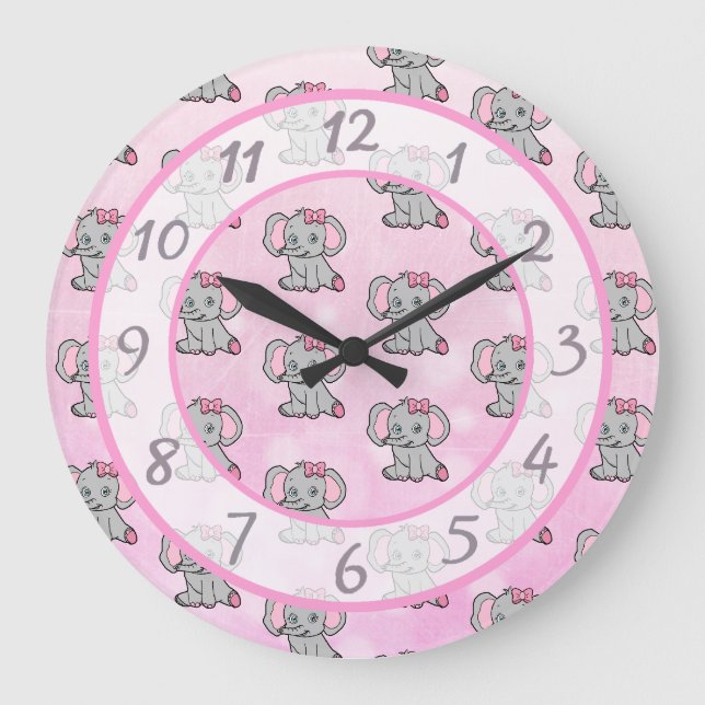 Grande Horloge Ronde Eléphant rose mignon enfant ou bébé pépinière (Recto)