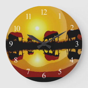 Grande Horloge Ronde Eléphants africains couchés de soleil 