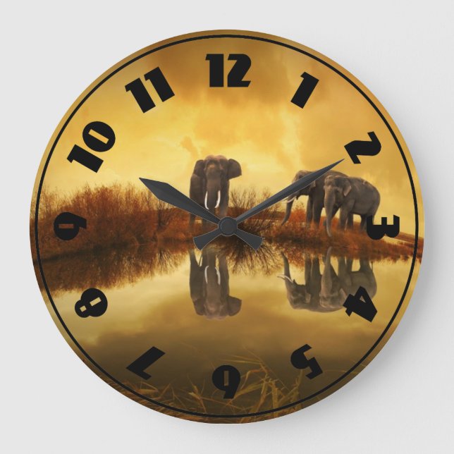Grande Horloge Ronde Eléphants asiatiques en Thaïlande sous un coucher  (Recto)